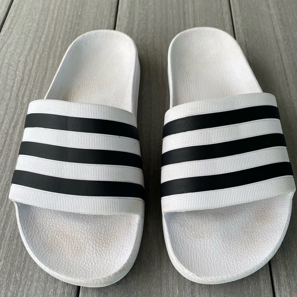 Adidas Unisex White and Black Striped Slide Sandals size 6